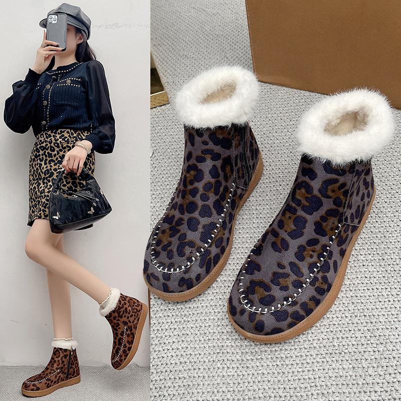 Women's Fleece-Lined Snow Boots, Thick Warm Winter Shoes with Leopard Print, Plus Size Cold Weather Footwear