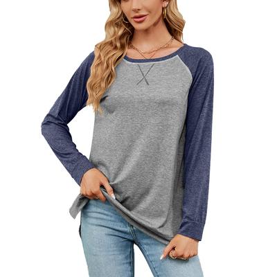 Herbst Winter Split Top für Frauen Rundhals Kontrast Lose Langarm T-shirt