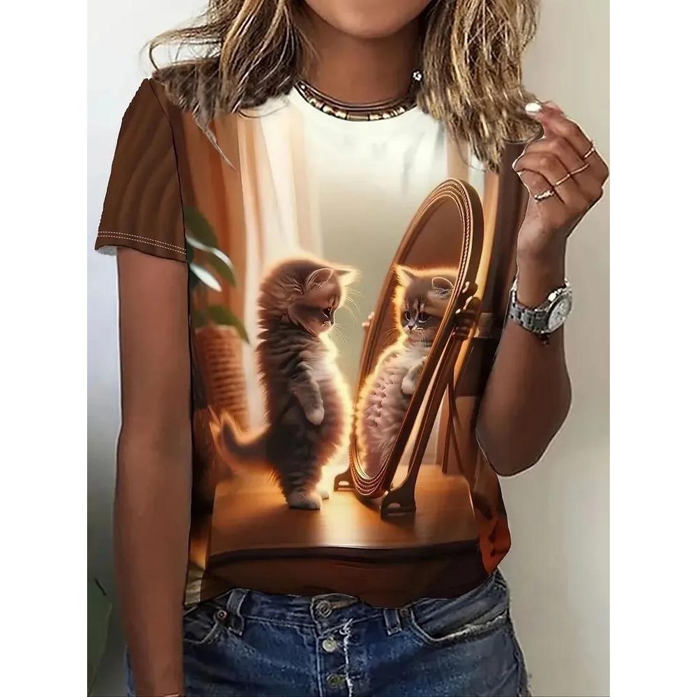 Summer Round Neck Cat Pattern 3D Print Top Fashionable Casual Short Sleeved Women's T-shirts