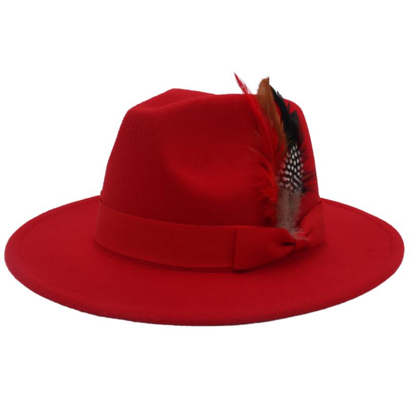 Bow Feather Top Hat Big Eave Hat Men'S And Women'S Cashmere Felt Hat Wind Hat