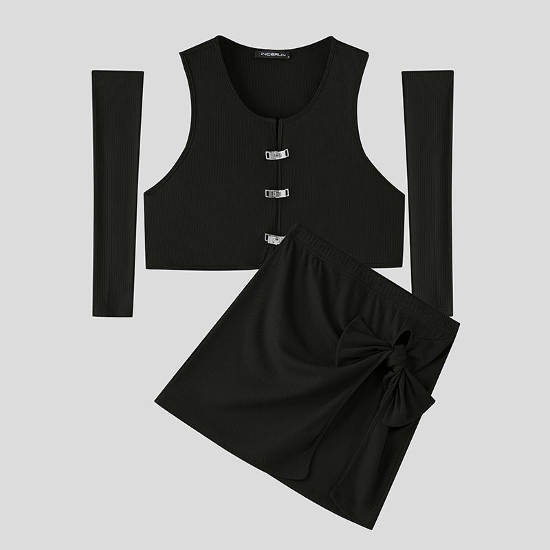 

INCERUN 2 шт. Комплекты из двух предметов: укороченные топы без рукавов с накладными рукавами и разрезами по бокам, мини-юбки S чёрный