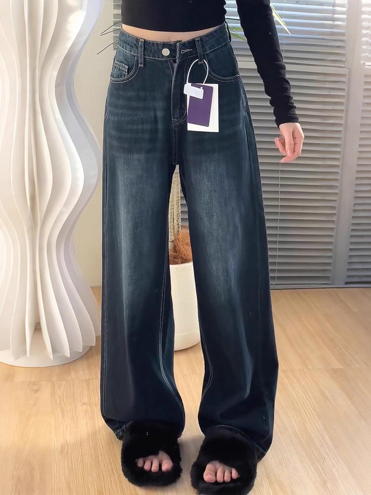 Women's Blue-Gray Fleece-Lined High-Waisted Wide-Leg Jeans - Retro Washed, Slimming, Loose Fit for Pear-Shaped Figures, Perfect for Autumn/Winter.