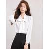 Autumn 2025 Women's Sweet Chiffon Blouse with Puff Sleeves & Bow V-Neck