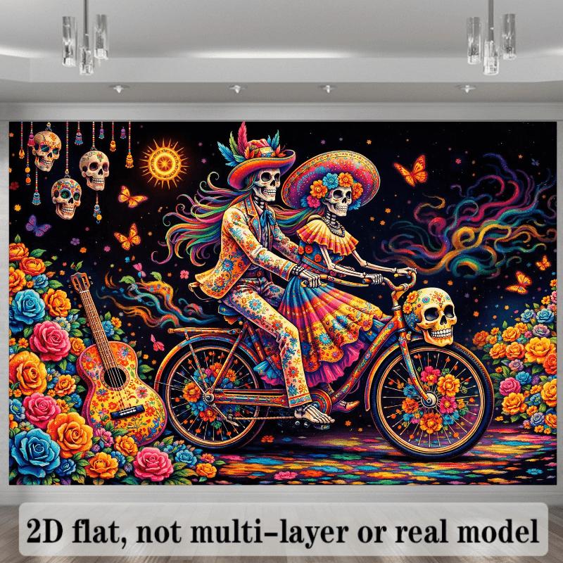 2D plane skull-themed background fabric, with a skull wearing colorful clothes in the center of the picture.zyc