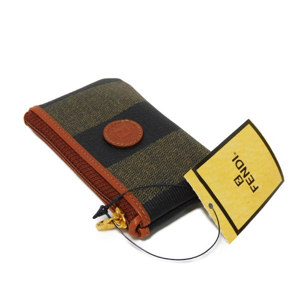 Used 11491 Old Pecan Coin Purse 7943 Striped Brown Key Ring Vintage FF Logo Fabric Kaiiki Unisex from Japan AUTHENTIC