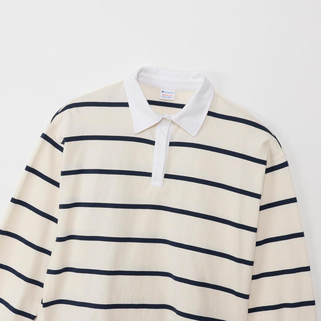 Champion Casual Long Sleeve x Women's Shirt, 100% Cotton, Off-White Navy, CW-B401