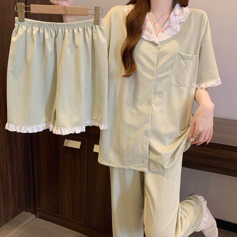 Xiaoqing Fresh Wind Matcha Green Lace Premium Sense Imitation Cotton Pajamas Women's Summer Short Sleeve Three-piece Set