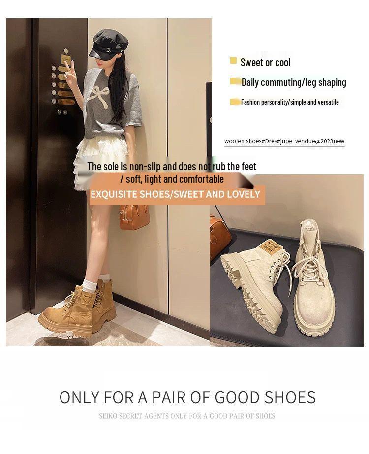 Women's Beige British-Style Retro Motorcycle Boots: Slimming, Thick Sole, Height-Enhancing, Perfect for Spring, Autumn, and Winter.