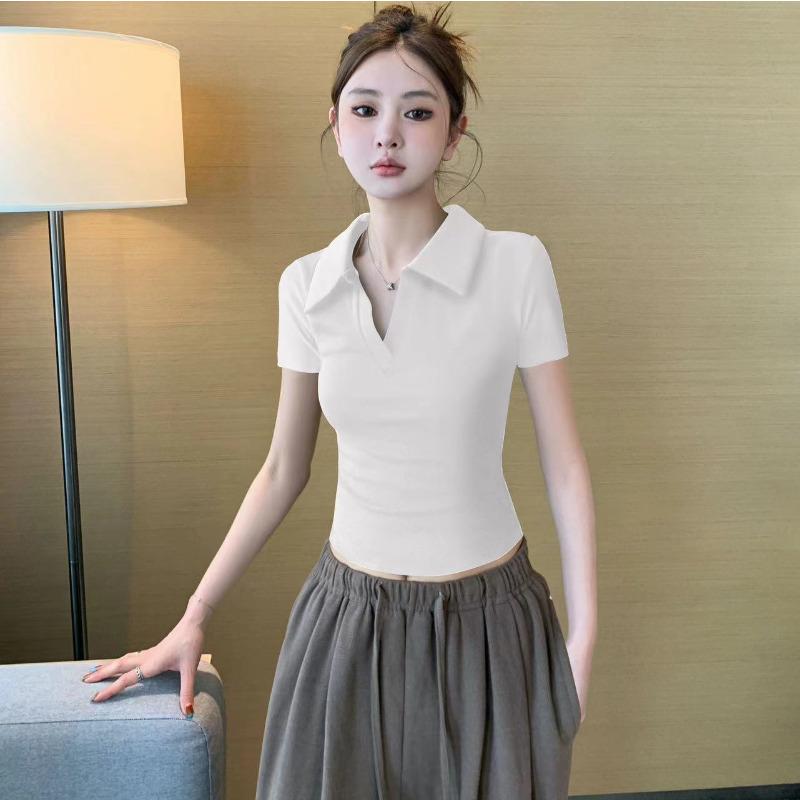 White POLO Neck Short-sleeved T-shirt Women's Summer New Slim-fitting and Thin Short Top
