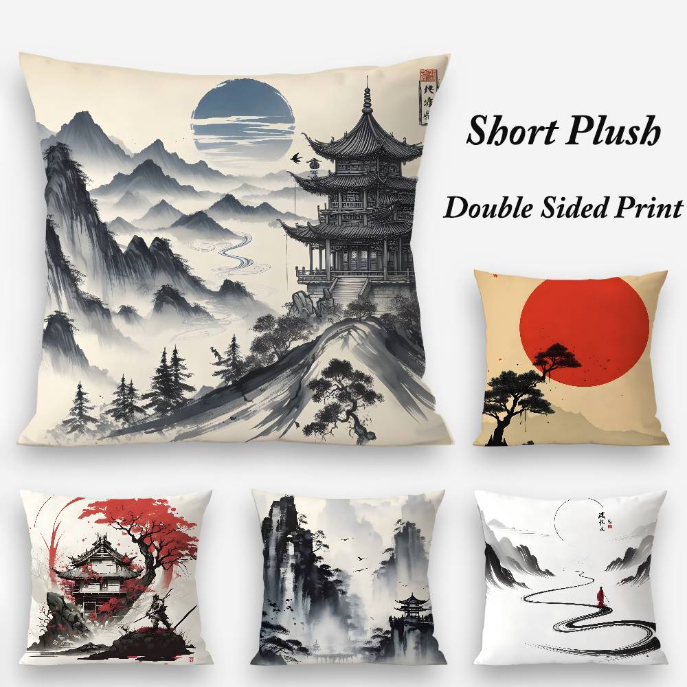 Chinese Ink Painting Style Pillow Case Plush Fabric Soft Double Sided Print Home Sofa High Quality Cushion Cover Throw