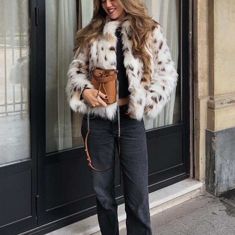 Leopard Faux Fur Coat Women Short Autumn Winter Plush Stand Collar