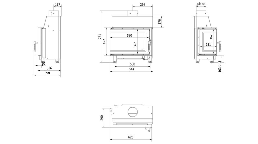 Steel fireplace KRATKI SIMPLE left 6 kW Ø 150