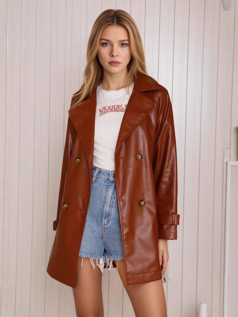 2025 Autumn European-American Brown Leather Jacket for Women, Mid-Length with Cross-Border Design Flair