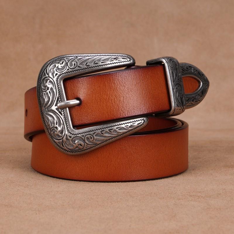 Womens Genuine Leather Belt With Vintage Carved Y2K Rivet Decor Slim Waistband Jeans Blazers