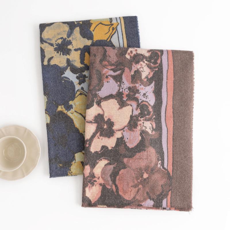 Ethnic Style Big Flower Fresh and Sweet Scarf Herringbone Pattern Thick Soft Feel Shawl Print Spring and Autumn Style Scarf