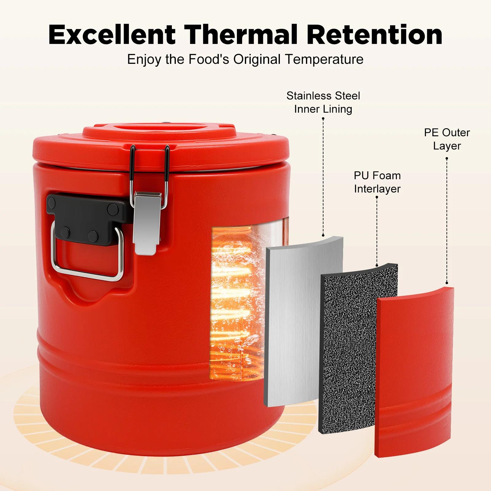 15L/15.85 Quart Energy-Saving Insulated Soup Container,Commercial Round Thermal Pot, for Kitchens,Outdoor Banquets,Stalls rosso