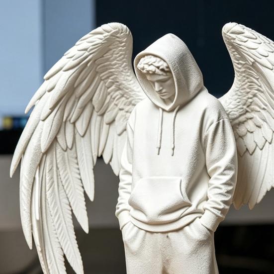 PLA Angel Decor 3D Printed Figurine, Winged Man Decorative Statue, Hoodies Desk Decoration Boys Sculpture for Home Office Shelf