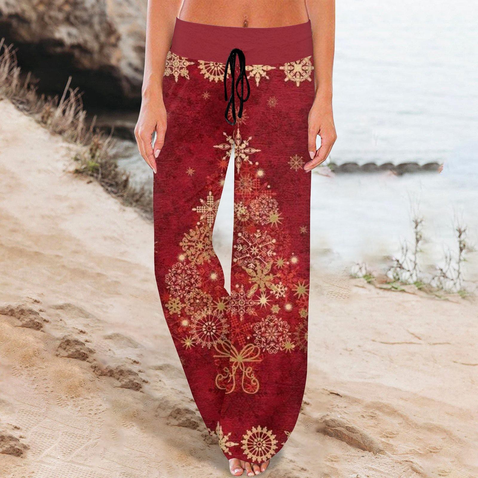 

Женские удобные пижамные штаны с карманами и рождественским принтом, широкие брюки на завязках M красный