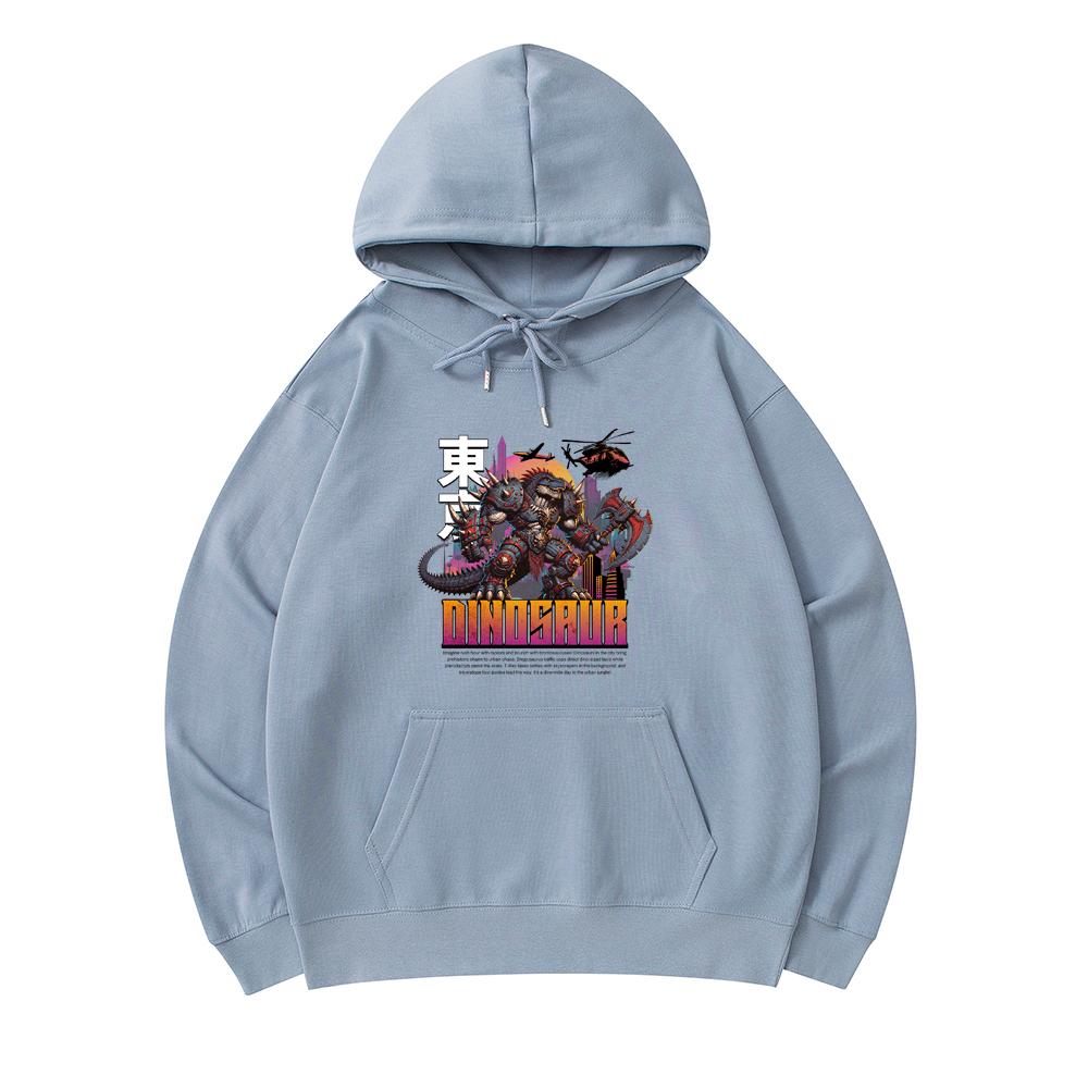 

300 г/м² Мужские хлопковые толстовки с капюшоном Dinosaur In Tokyo City T-Rex Jurassic Adventure Print Премиум хлопок Толстовка XS армия зеленый