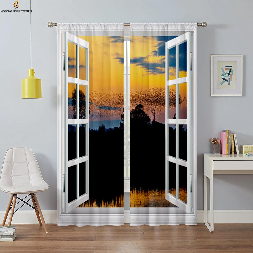 3D Printed Curtains With High Quality Black Silk Blackout Heat Insulation Curtains For Bedroom, Study And Living Room 2PCS