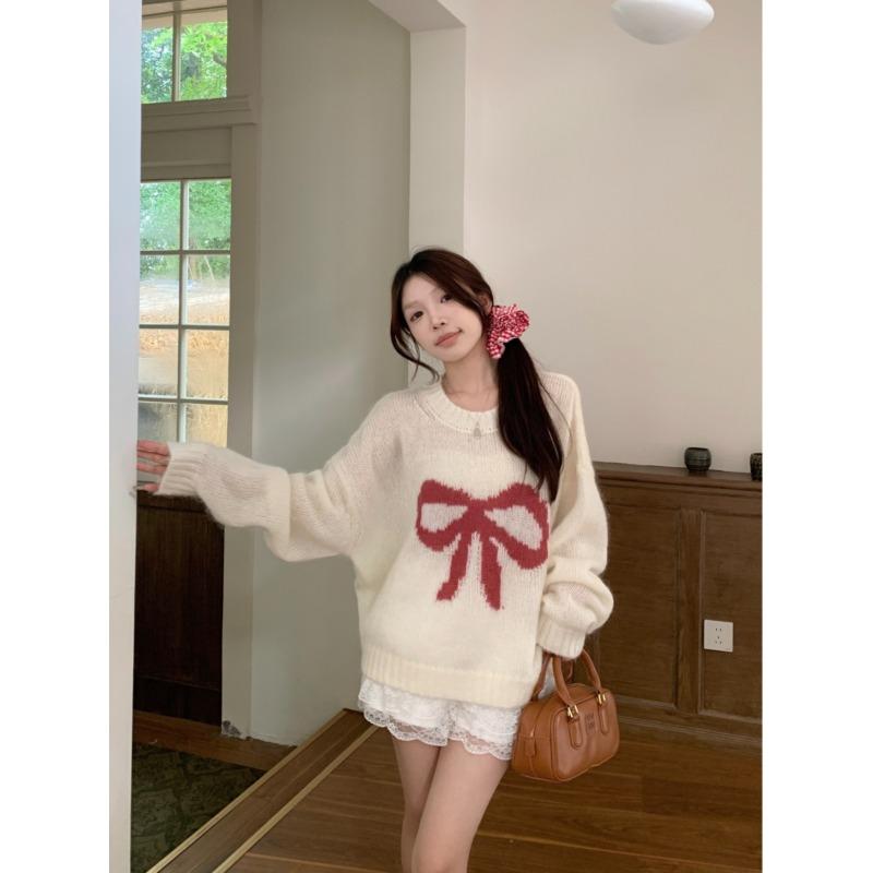Butterfly Knot Jacquard Women's Sweater Long Sleeved Round Neck Pullover Knitted Sweaters Autumn New Loose Woman Fashion Trendy Top