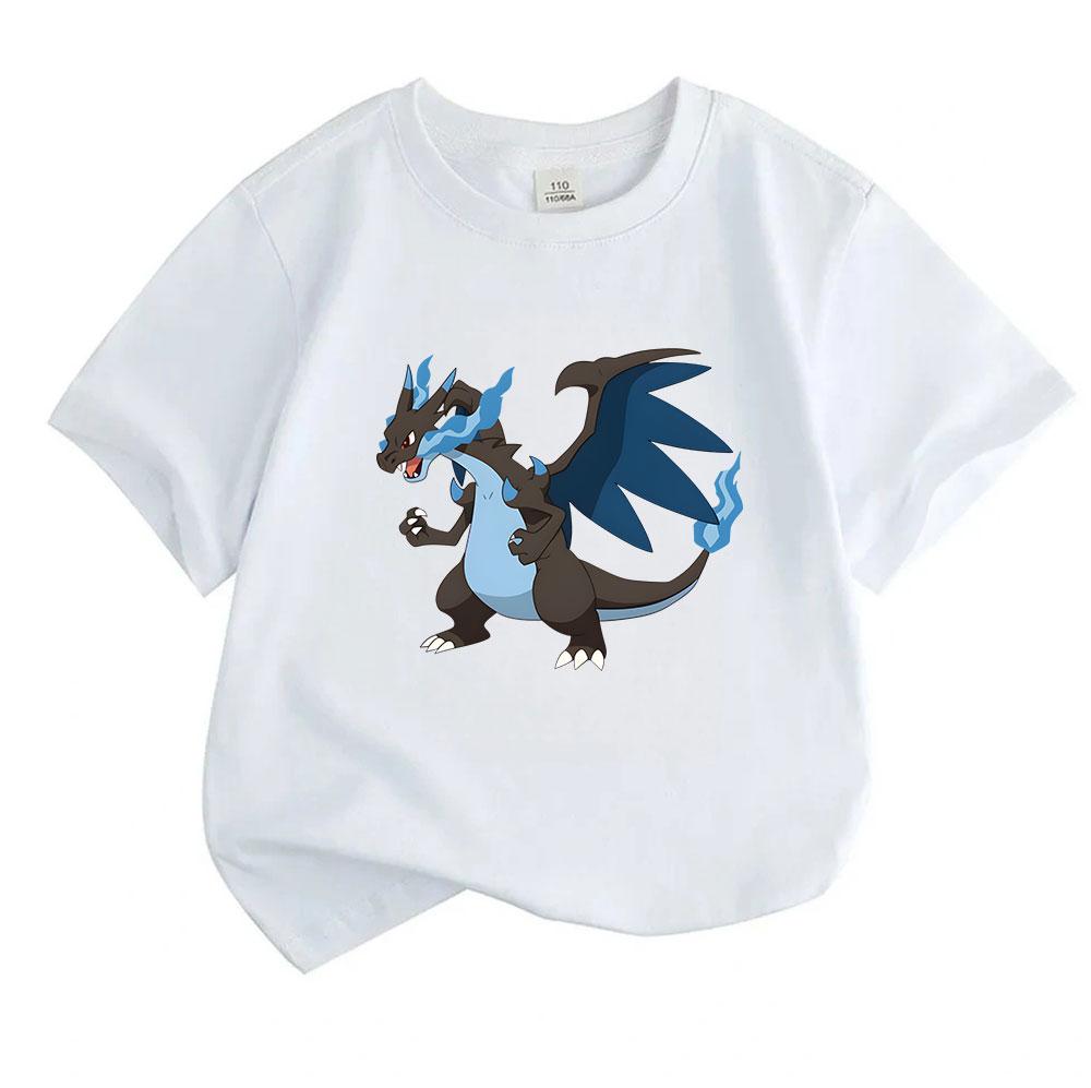 Kids Boys Girls Crew Neck Short Sleeve 100% Cotton T-shirt, Cool Blue Fire Dark Dragon Cartoon Printed Casual Breathable Tee for Daily Outdoor Wear Su
