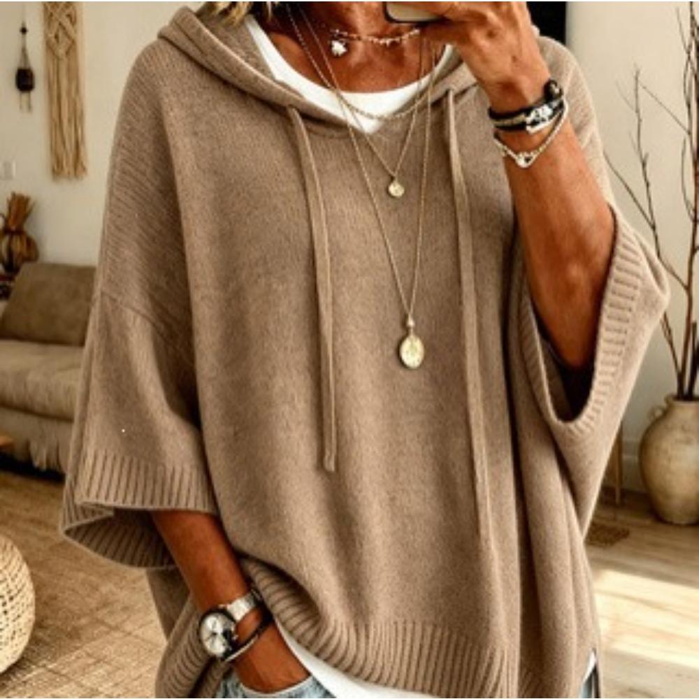 Women New Knit Drawstring Hoodie Sweater, Loose Knitted Hooded Layering Outerwear