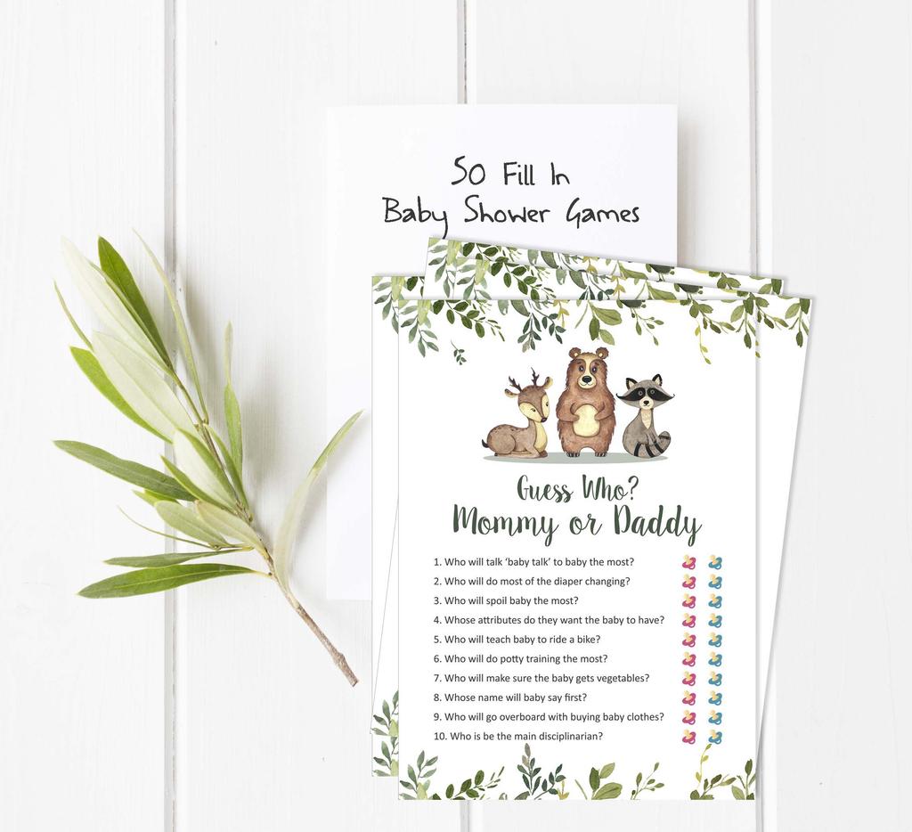 Inkdotpot Mommy Or Daddy Who Said it Game Gender Neutral Leaves & Animals Set of 50 Fun Baby Shower Game Party Supply