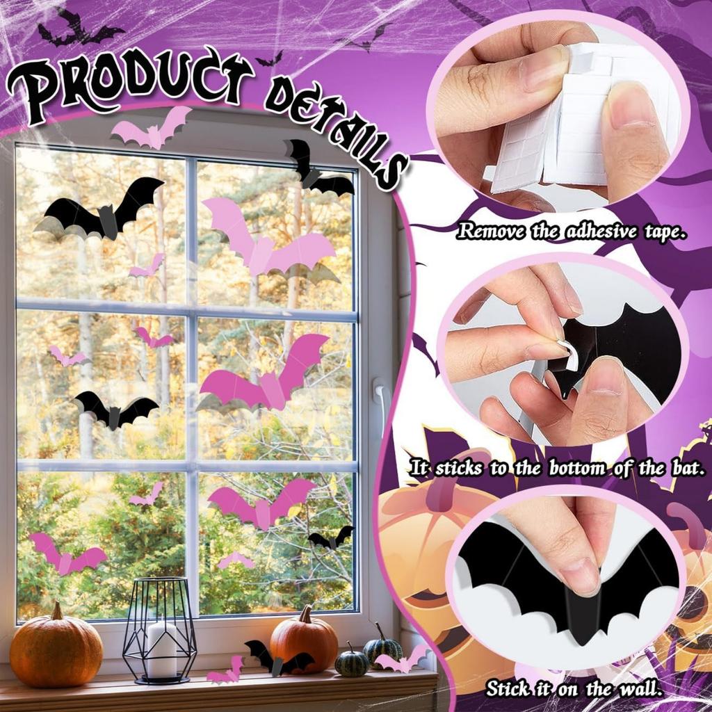 48pcs Pink Halloween Decor Three Colors Bat Decor Halloween DIY Wall Decor for Bathroom Indoor Cute Halloween Party Decorations
