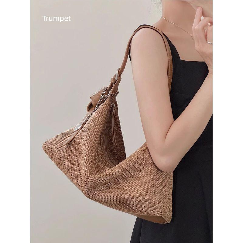 

2025 Summer New Straw Woven Casual Underarm Bag Idle Style Shoulder Crossbody Tote Bag Work Clothing Vacation Woven Bag Milk Tea Brown small size