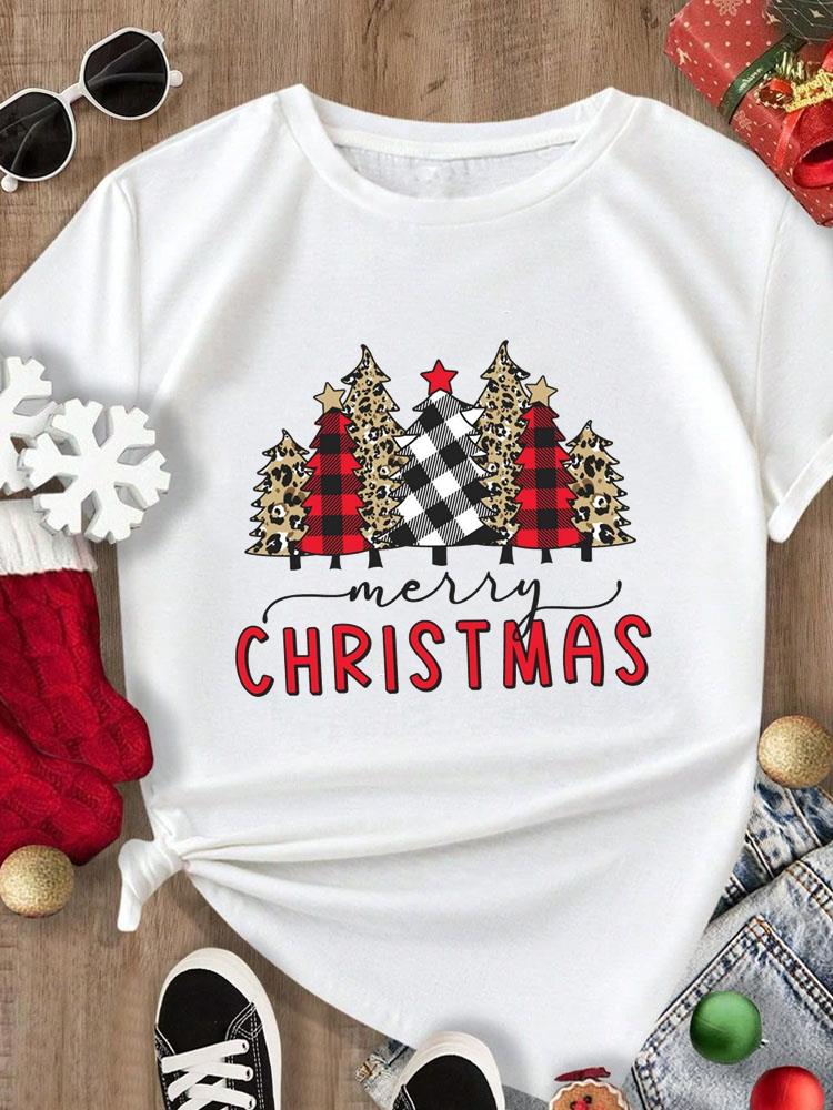 (Asian Size) Tee Merry Christmas New Year Holiday Top festival Casual tree letter style Women Print Lady Short Sleeve Fashion Graphic T-shirts