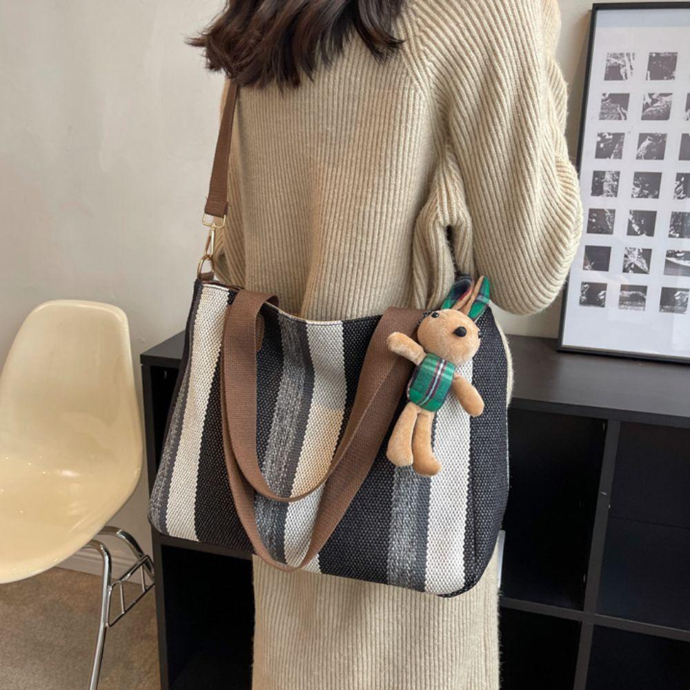 Versatile Stripe Tote Bag Casual Women's Bags Trendy Canvas Shoulder Bag  Shopping Bag