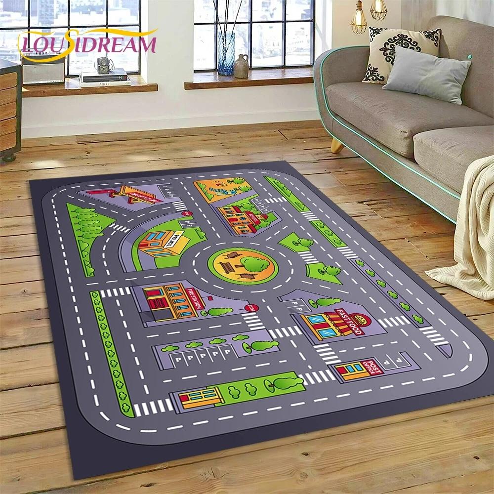 3D Highway Runway Playroom City Traffic Road Map Child PlayMat Rug Carpet for Living Room Bedroom Home Decor,Non-slip for Sofa