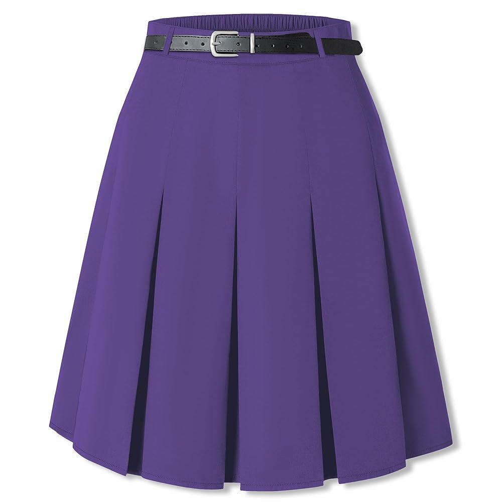 US Plus Size Women's Elegant Knee-Length Pleated Midi Skirt with Belt