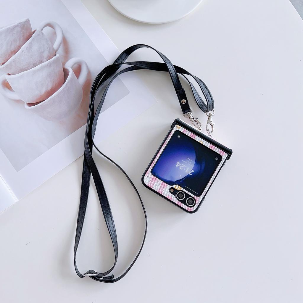 For Samsung Galaxy Z Flip7 FE 5G/Z Flip6 5G Flower and Grids Pattern PU Leather Coated PC Phone Cover with Crossbody Strap