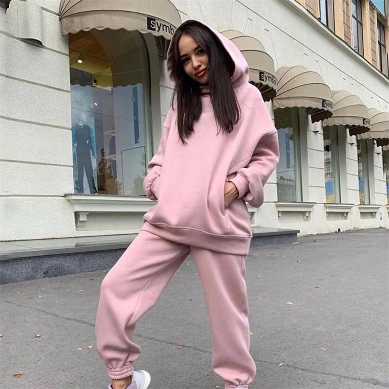 

Однотонні штани-светри з капюшоном Комплект із двох предметів Жіноча мода Вільний повсякденний спортивний одяг восени та взимку Вуличні набори для тренувань XL рожевий