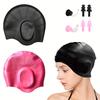 2pcs Silicone Swim Caps with Waterproof, 3D Fit Design for Men & Women with Long Hair, Includes Black & Blue Caps + Earplugs