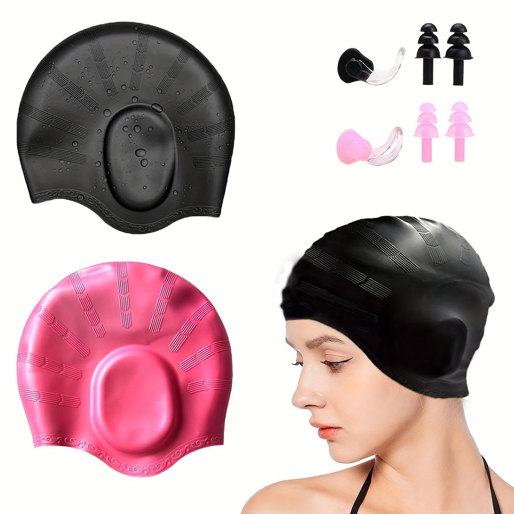 2pcs Silicone Swim Caps with Waterproof, 3D Fit Design for Men & Women with Long Hair, Includes Black & Blue Caps + Earplugs