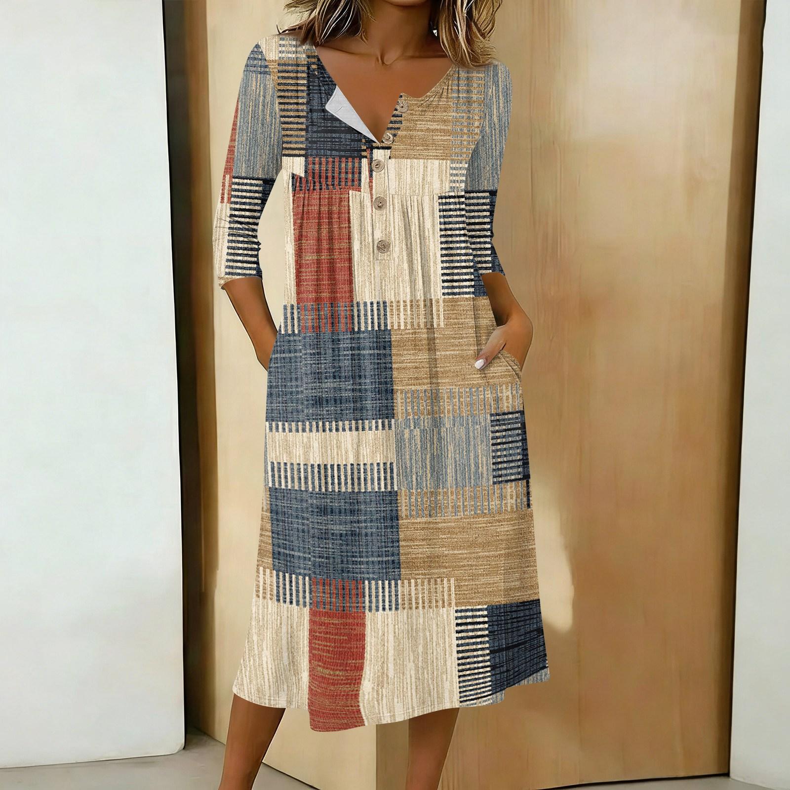 

Women s Fashionable Color Printed Round Neck 3/4 Sleeve Button Collar Mid Length Casual Dress M коричневий