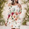 Plus Size Ladies Slanted Off Shoulder Long Sleeve A Line Dress