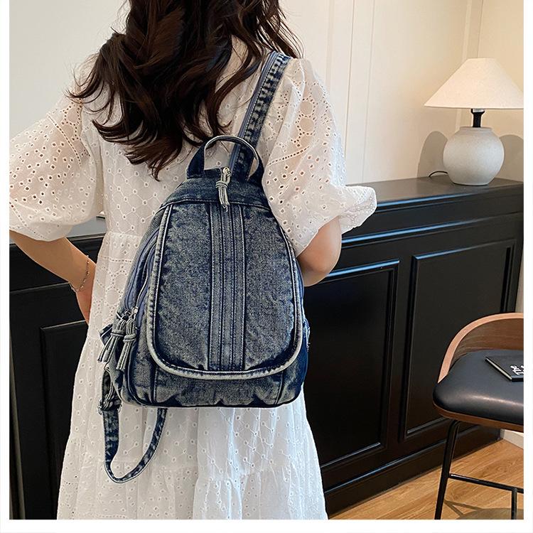Washed denim backpack women go out small backpack