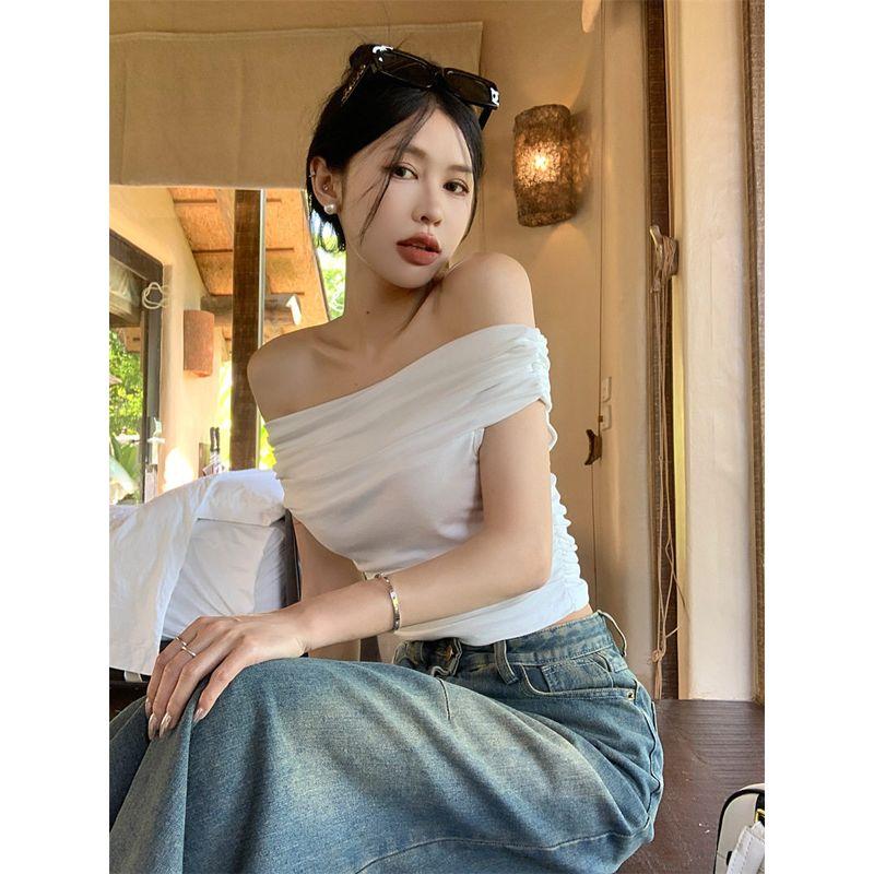 

Ins Off-Shoulder Sexy Hot Girl Pure Desire One-Line Collar Short-Sleeved T-Shirt for Women Summer Slim Fit Bottoming Top for Women White M