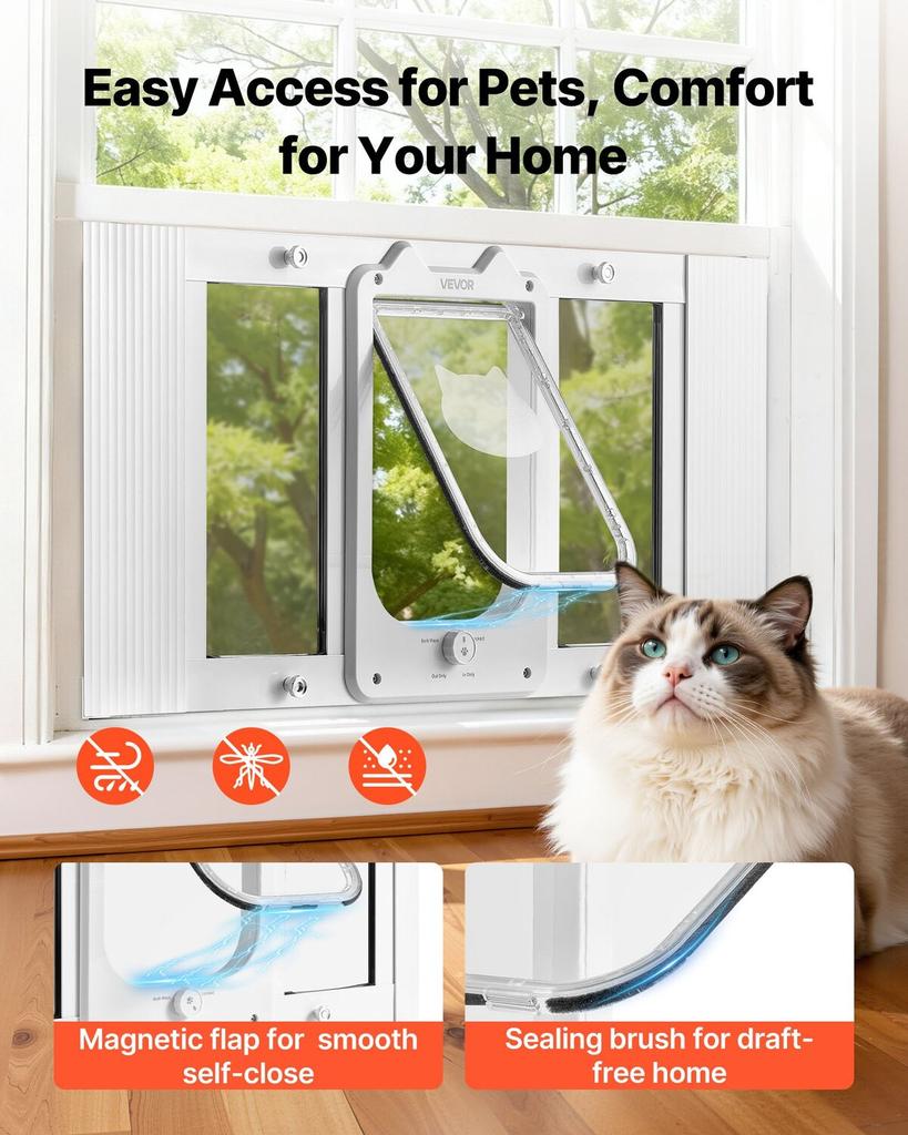 Cat Door for Window, Adjustable To Fit Window Width 686-813 Mm, 4 Secure Lock Modes, Aluminum Frame and High-Transparency Glass, Magnetic Closure,