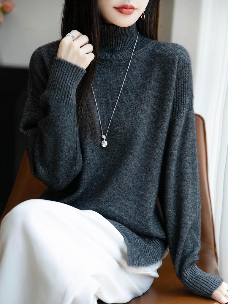 Pure Wool Seven-Stitch Thickened Sweater - Autumn/Winter, Long Sleeve, Half-High Collar with Irregular Slit.