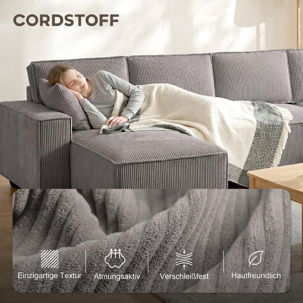 Corner Sofa with Double Chaise Lounges, U-Shaped Sofa Made of Corduroy Fabric with Wide and Deep Seat, Spring Cushions, Light Grey
