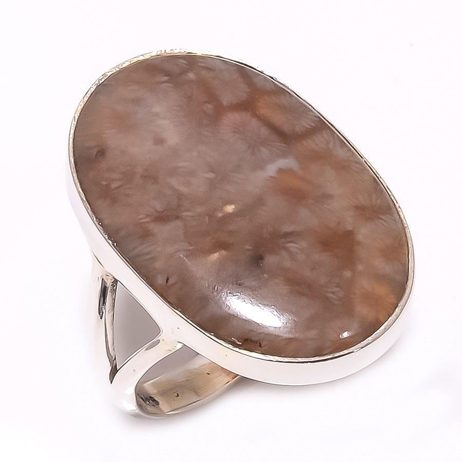 Natural Foseel Coral Gemstone Handmade 925 Solid Sterling Silver Ring S.9 B9s14