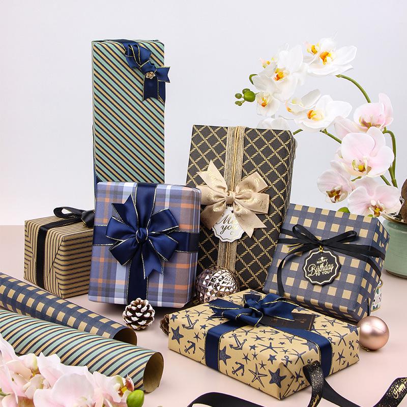 Men's Retro Blue Plaid Kraft Wrapping Paper for Valentine's Day & Birthdays