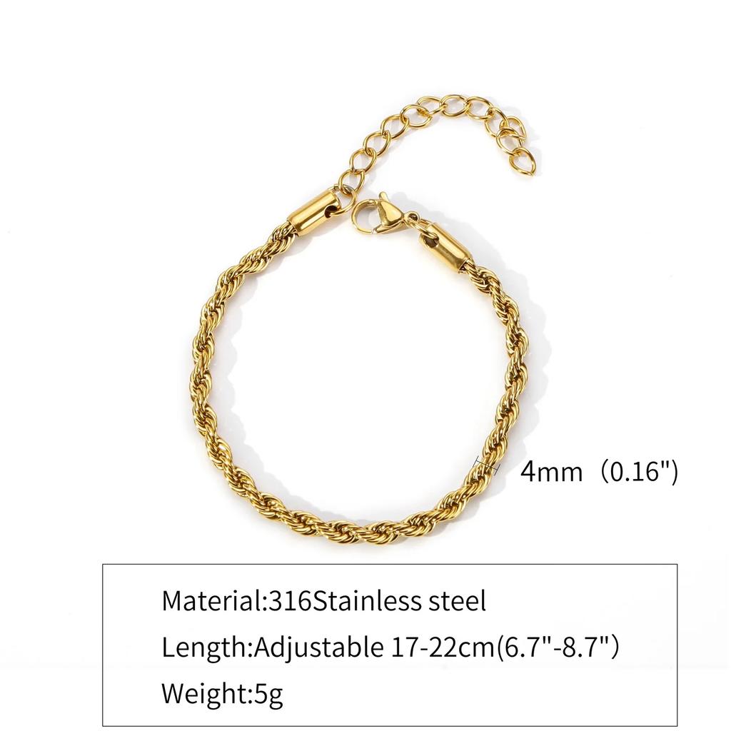 2-5MM Stainless Steel Bracelet For Women Men Gold Color Twist Rope Chain Bangle With Extended Chain Waterproof Party Jewelry