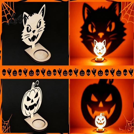 Halloween Tealight Base Wooden Candle Holder Ornaments, Decorative Cat/Pumpkin/ Ghost/Skull Projection Theme Light Stand, Creative Tabletop