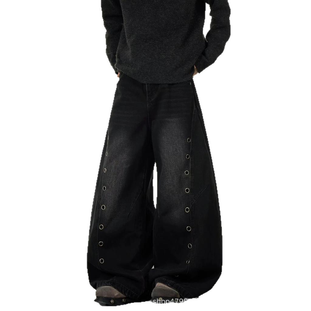 American design button scimitar jeans new loose straight drape thin casual pants black spot
